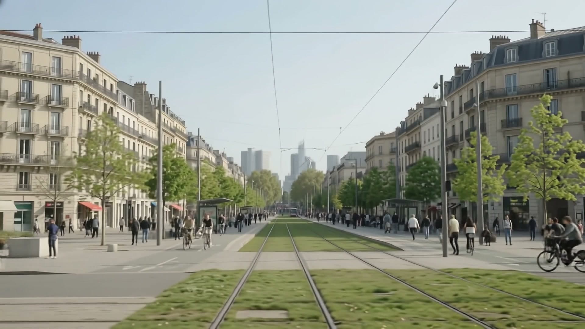 A tree-lined boulevard in a large European city, a tram line running on grass between stone apartment blocks, people walking and cycling, high-rise towers on the horizon