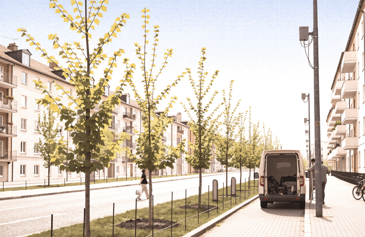 Two municipal workers service a sensor box on a lamp post beside their open van on an ordinary apartment street. Every lamp post carries the same well-kept sensor, a kerbside charger is open to any electric car, and the young trees have watering rings.