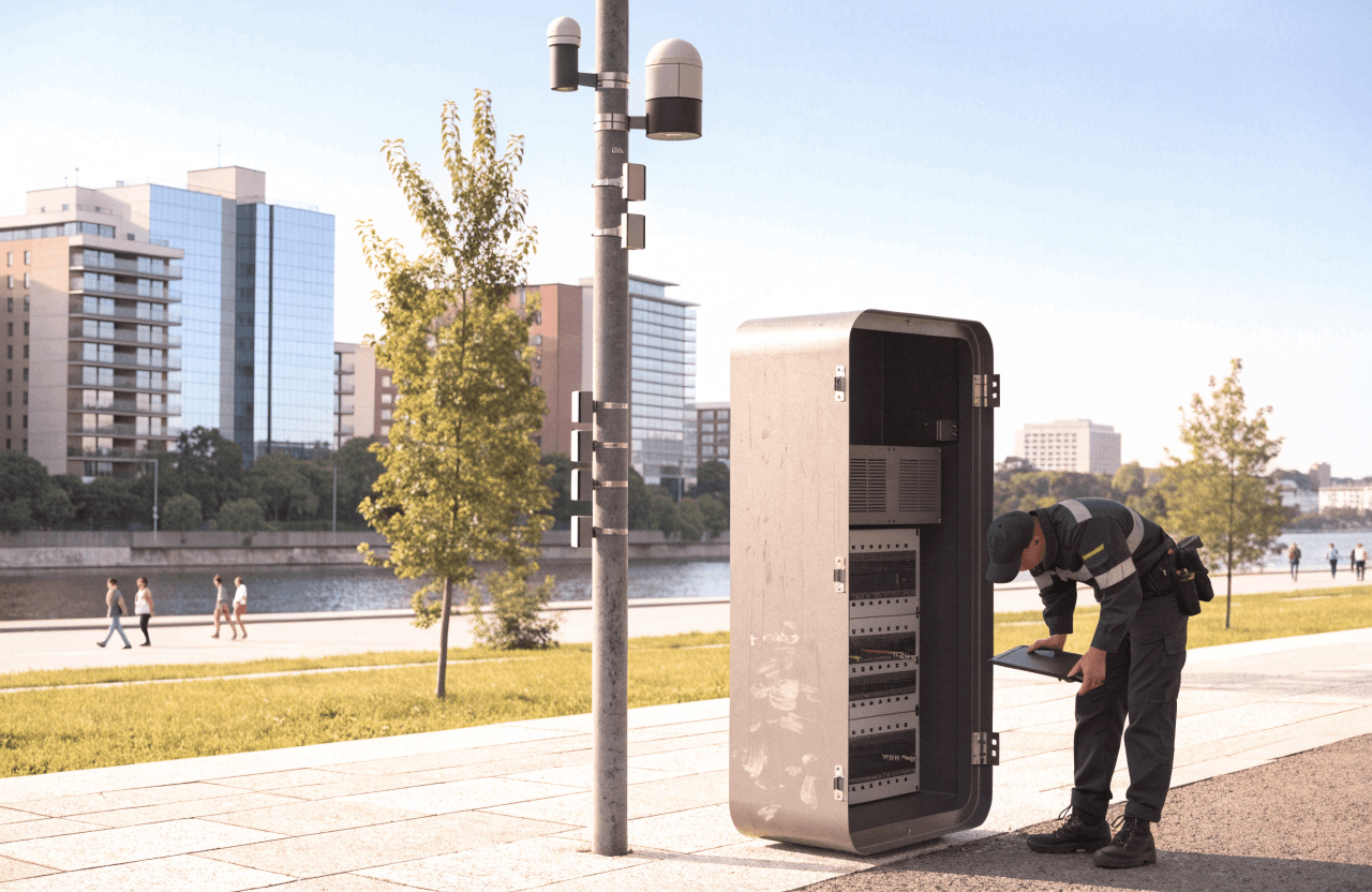 A daylight view of a European riverbank promenade with a technician working near an unobtrusive street-level technical cabinet. The cabinet and nearby street furniture house compact edge-computing hardware and fibre connectivity infrastructure.