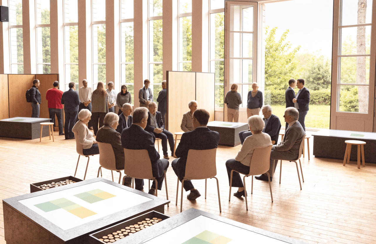 An open-plan municipal atrium where residents and city staff gather around district plans and interactive consultation displays. Pedestrians walk freely between the sunlit public garden and the civic forum.