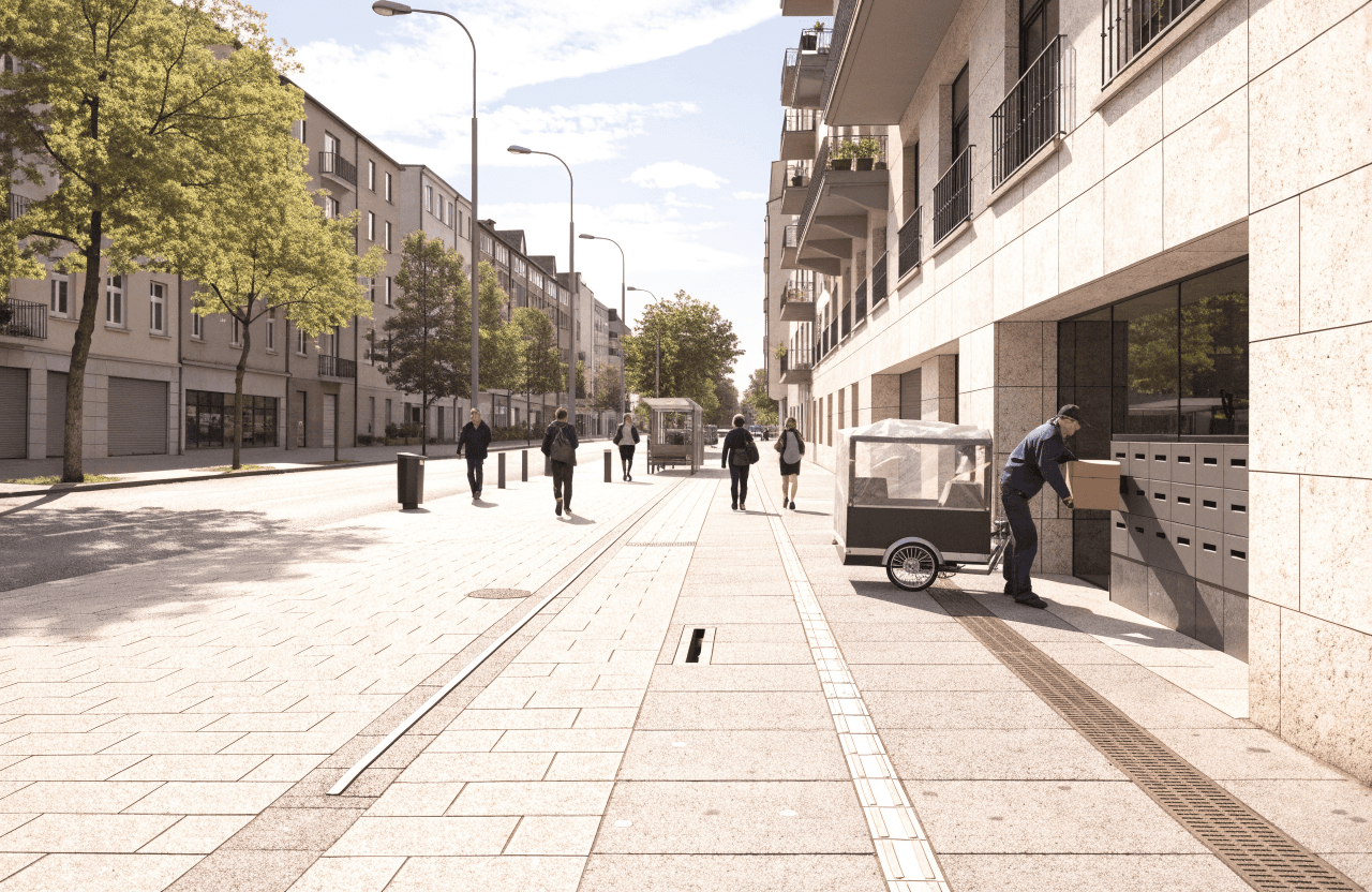 A courier unloads parcels from a compact cargo tricycle into a neighbourhood locker station along a European city street. The streetscape incorporates dedicated zero-emission delivery bays and pedestrian pathways beside mixed-use buildings.