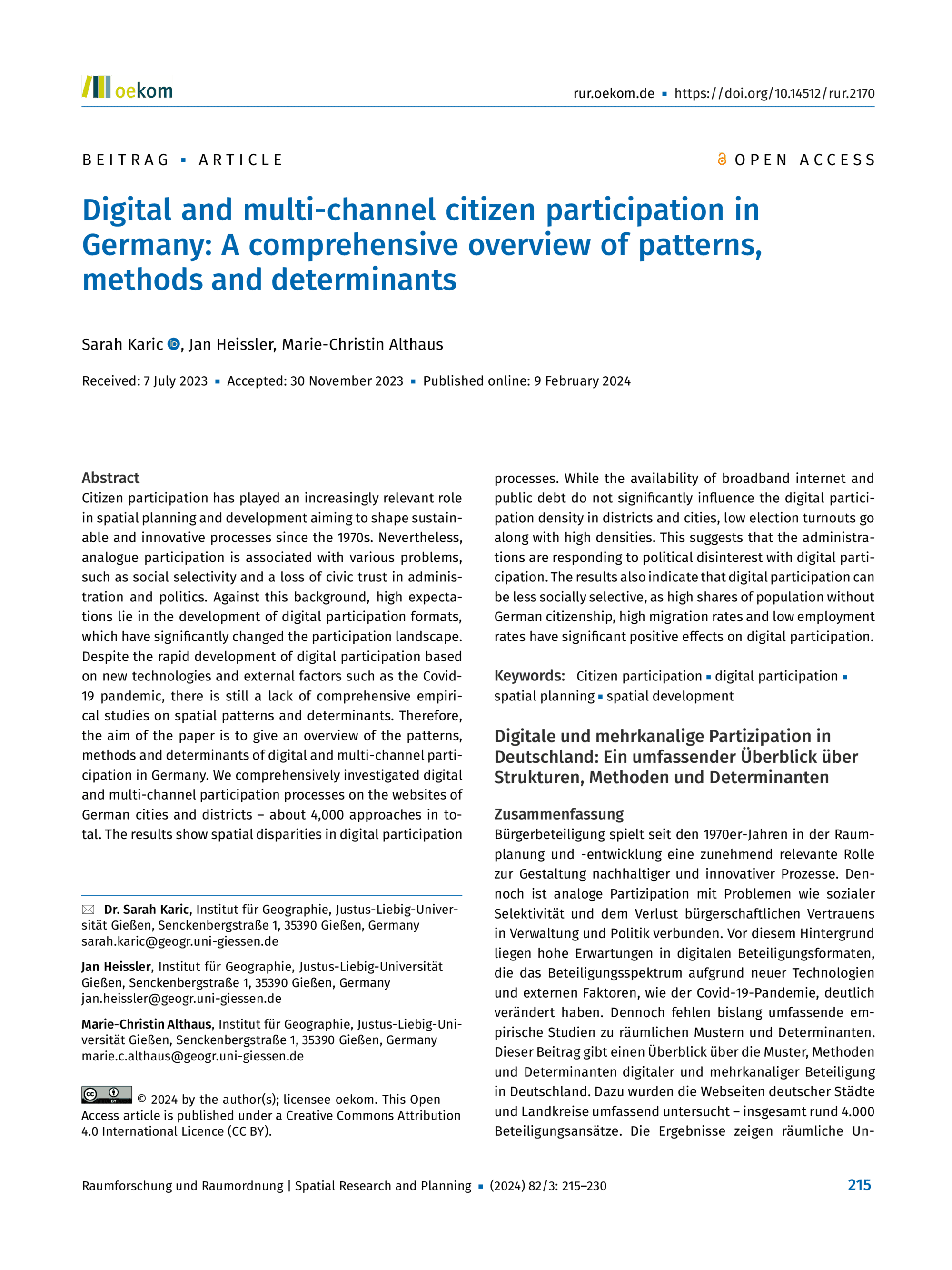 Digital and multi-channel citizen participation in Germany: A comprehensive overview of patterns, methods and determinants