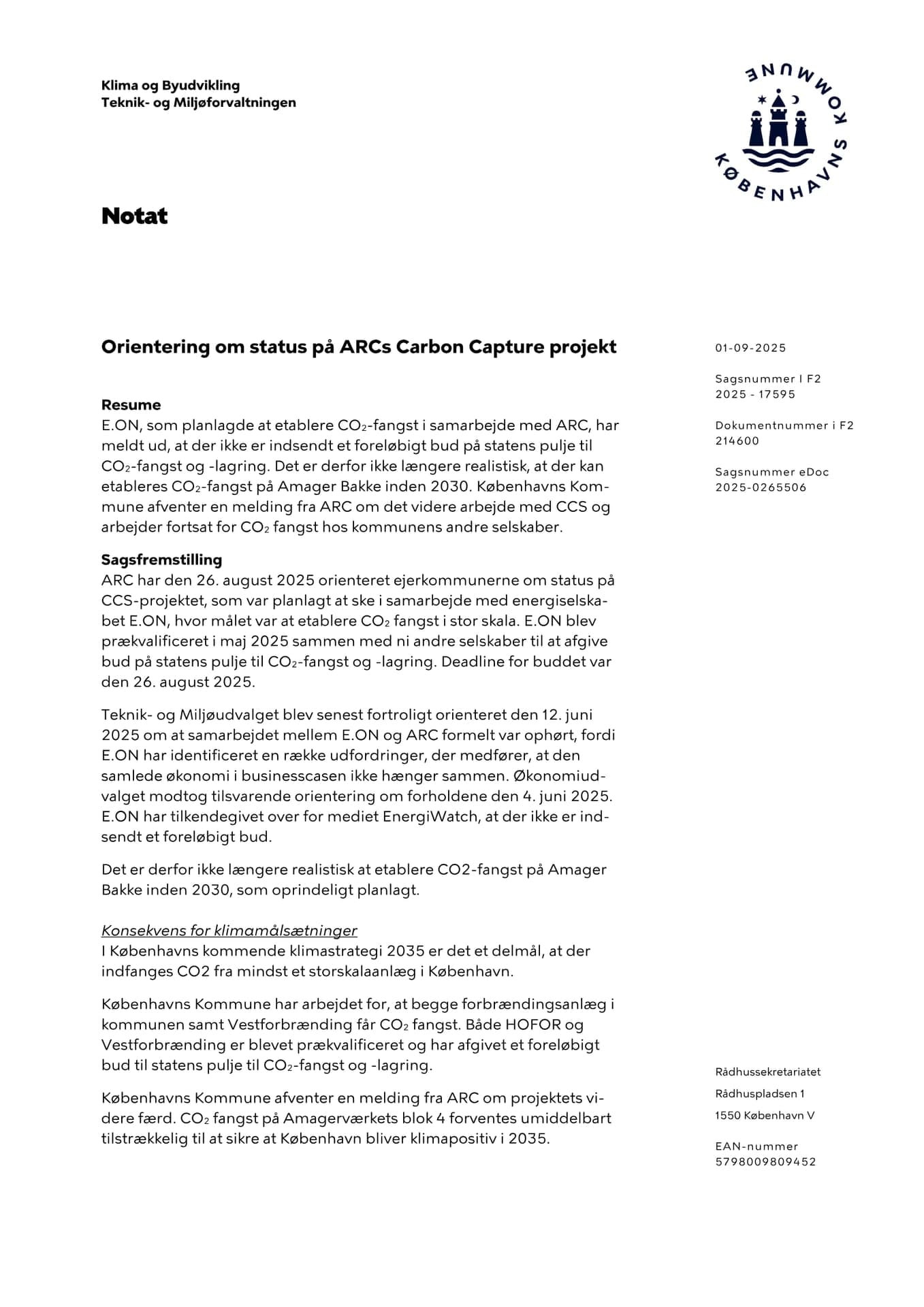 Orientering om status på ARCs Carbon Capture projekt (Teknik- og Miljøforvaltningen, 1 Sep 2025)